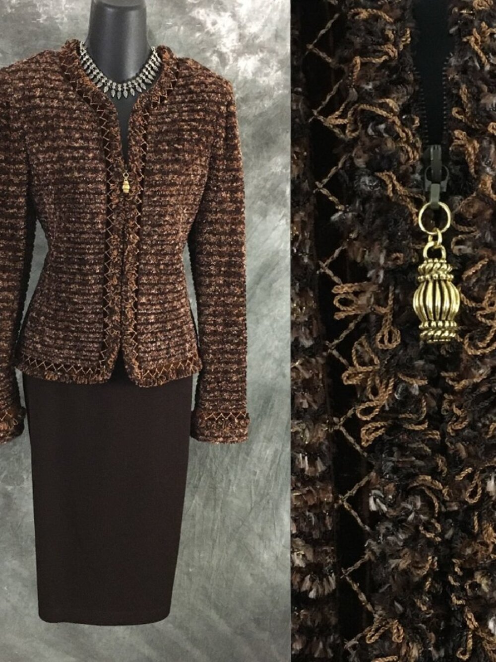 BEAUTIFUL St John couture knit brown multi jacket skirt suit size 4 6
